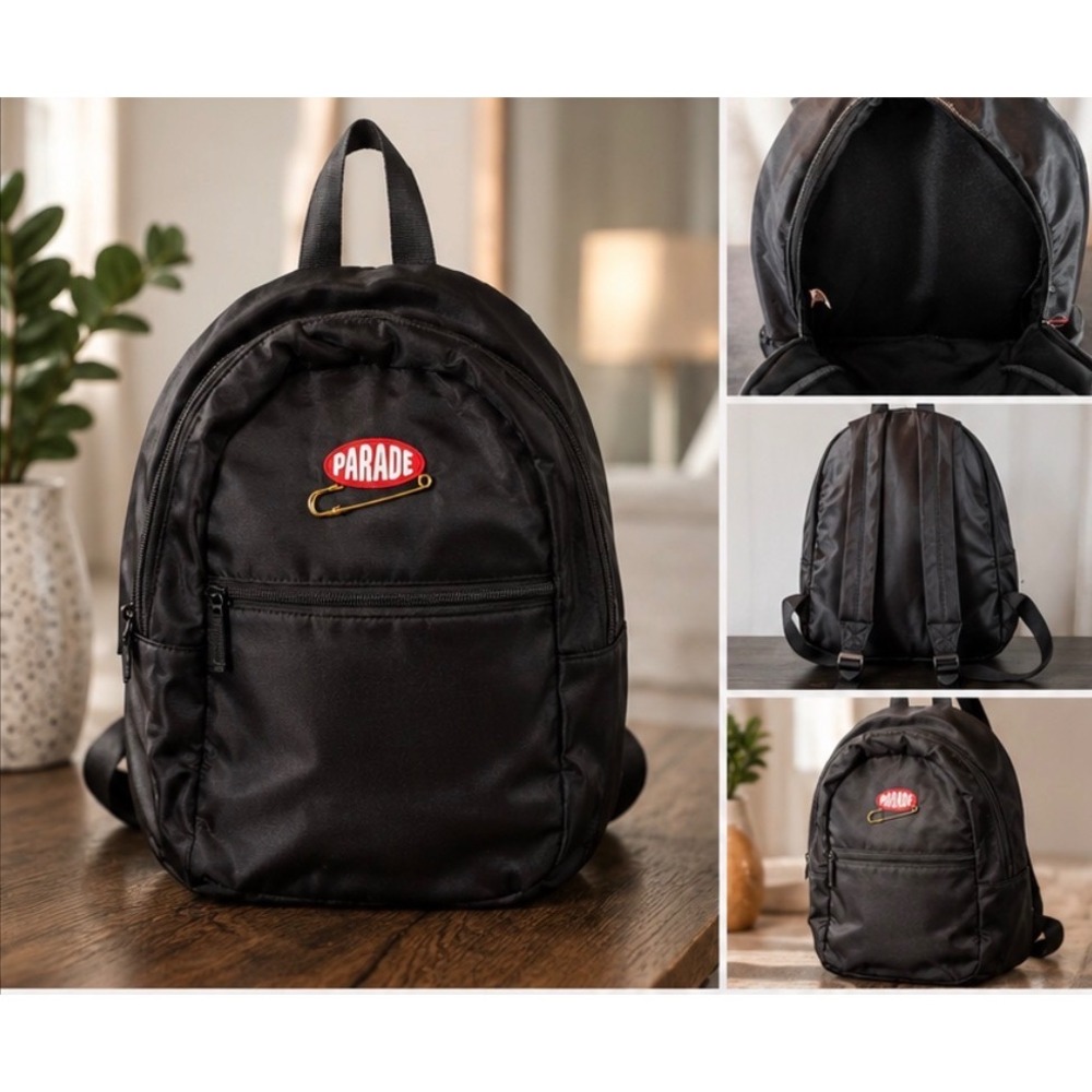 Parade Black Nylon Backpack Red Logo Safety Pin Front Pocket School Bag